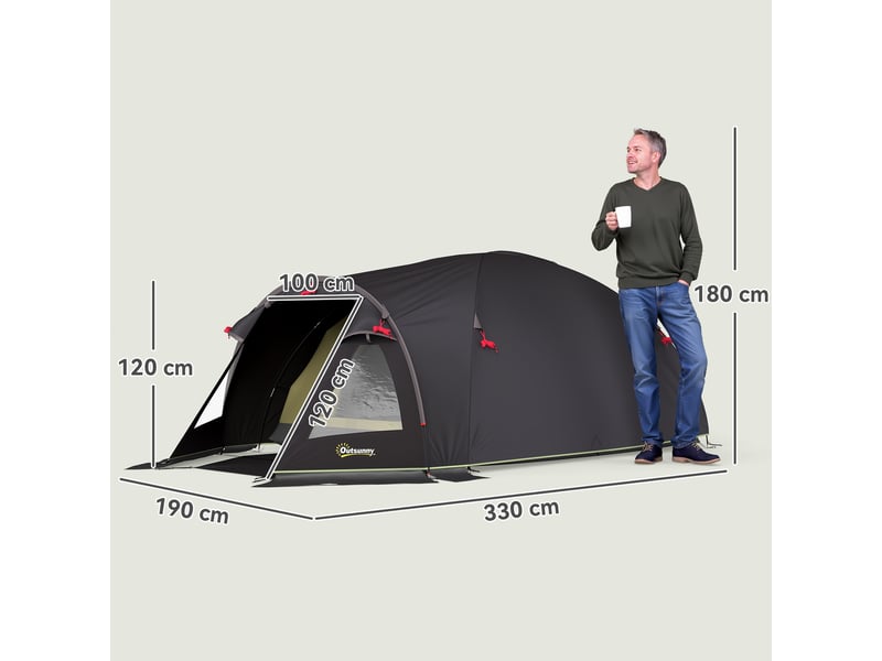  Tente de camping 2 places légère et stable avec protection uv 50+, tente tunnel avec auvent, porte latérale et fenêtre, noire  - Conforama E