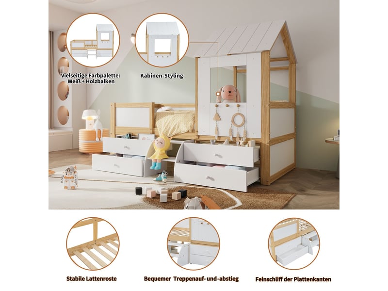  Lit enfant 90x200 cm lit cabane 1 personne clôture sur quatre côtés avec 4 tiroirs et petit escalier, blanc + naturel  - Conforama D