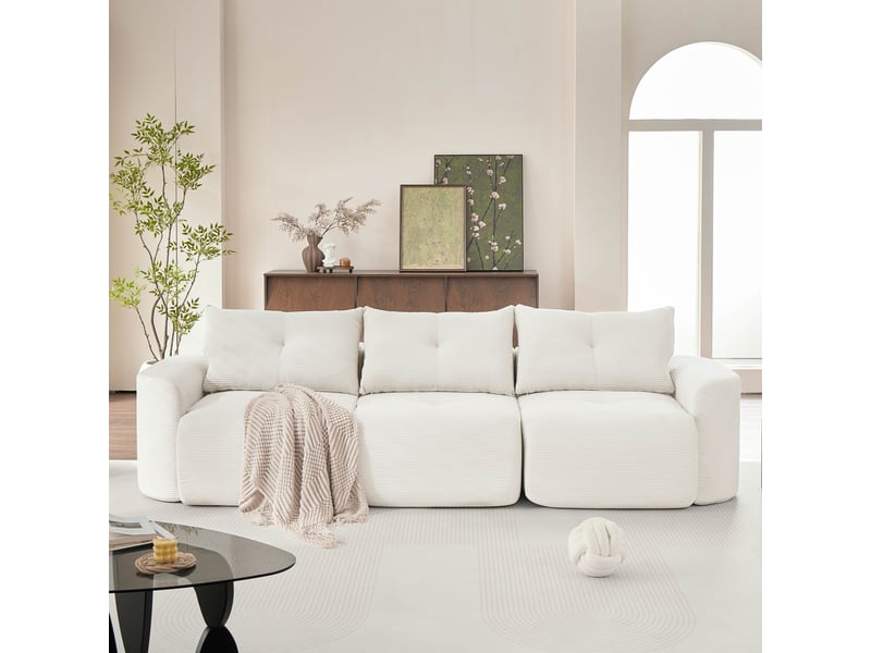  Canapé modulable 3 places en configuration 2+1, siège individuel amovible, formes arrondies, 3 coussins dossier, velours côtelé beige style wabi-sabi  - Conforama B
