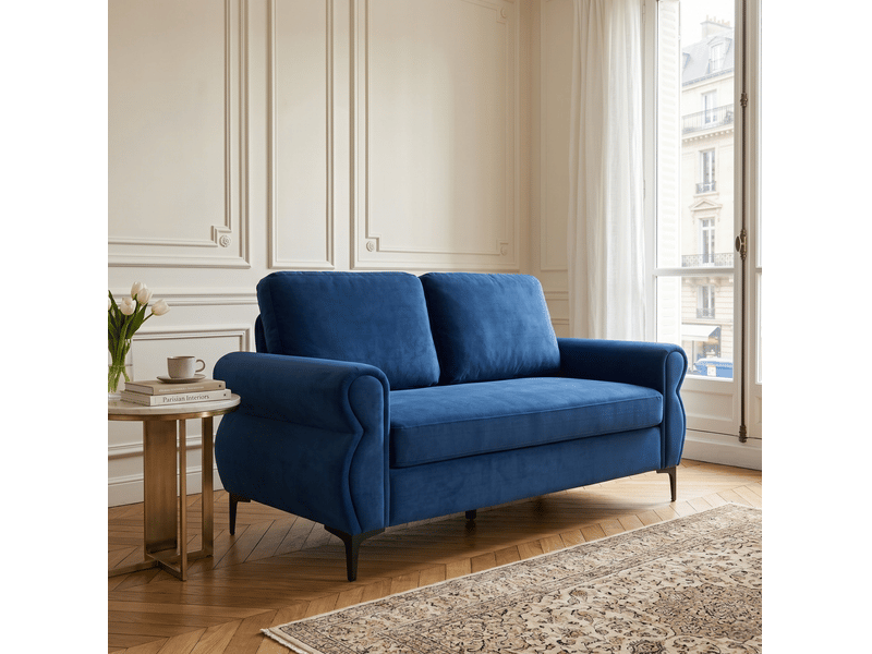  Canapé 2 places ulevr compact 173,5 cm bleu, tissu polyester, structure métal et bois, pieds métalliques 15 cm  - Conforama E