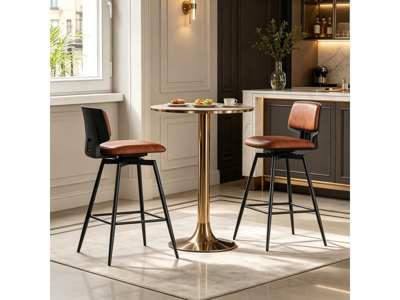  Tabouret de bar pivotant 360° avec dossier ergonomique et repose-pieds, lot de 2, en cuir et métal brun  - Conforama C