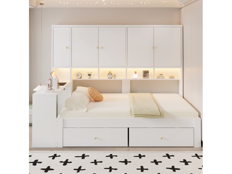  Lit enfant 90x200 cm avec bureau, rangements, 2 tiroirs, led et prises, coloris blanc, sans matelas  - Conforama B