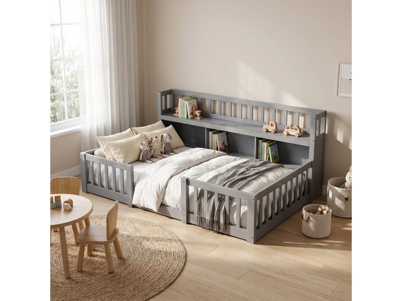  Lit enfant au sol 90x200(90x190) cm, lit simple avec bibliothèque et barrière, lit  montessori, bois, style scandinave moderne, gris  - Conforama B