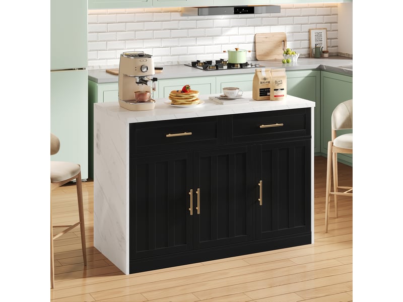  Îlot de cuisine 120x60x91cm style européen élégant avec prises électriques, ports usb et espace bar, noir et blanc  - Conforama C
