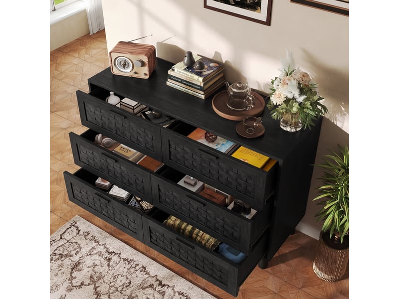 Commode 6 tiroirs - 115x40x80cm - meuble de rangement effet rotin tressé & pieds en bois - noir - Conforama B