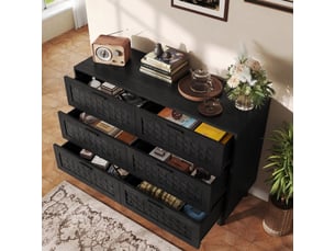 Commode 6 tiroirs - 115x40x80cm - meuble de rangement effet rotin tressé & pieds en bois - noir