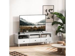 Meuble tv avec 3 tiroirs et 3 niches ouvertes, passe-câbles, téléviseur 75 pouces, 140×34×45 cm, en bois, blanc
