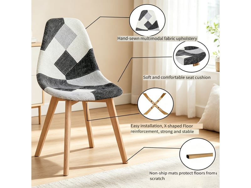  Lot de 8 chaises de salle à manger style patchwork en tissu avec structure en bois et métal, ergonomiques, gris multicolore  - Conforama D