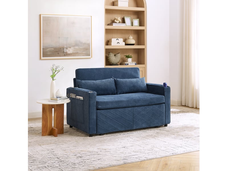  Canapé droit convertible 2 places en tissu bleu marine avec usb, système coulissant, idéal pour petits espaces  - Conforama E