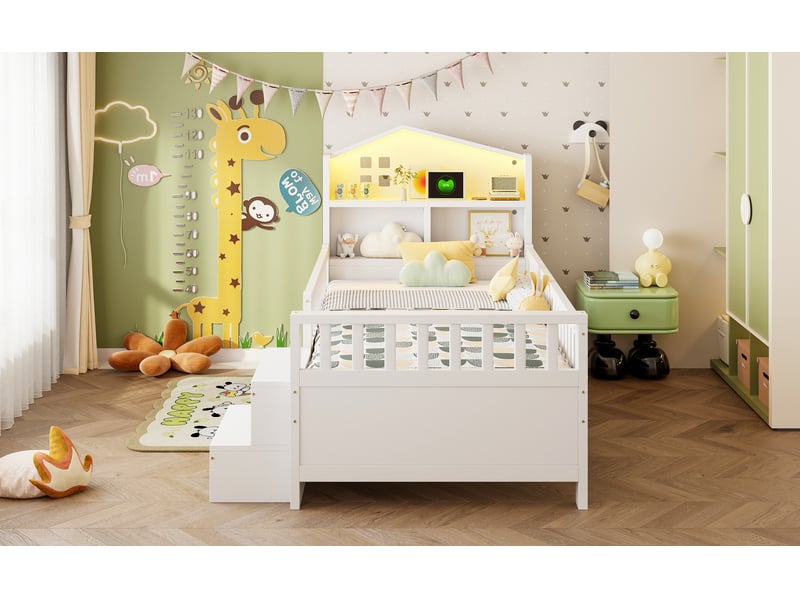  Lit enfant 90x200 cm avec éclairage led, 4 tiroirs et ports usb – sans matelas – blanc  - Conforama E