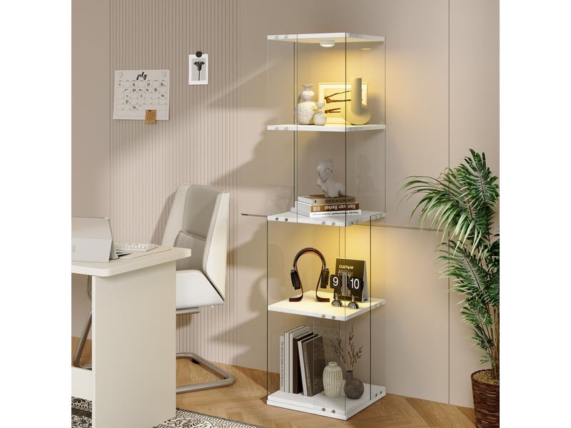  Vitrine verre rotative 360° - 38x38x160cm - bibliothèque pivotante 4 niveaux avec éclairage led multicolore tactile - blanc  - Conforama B