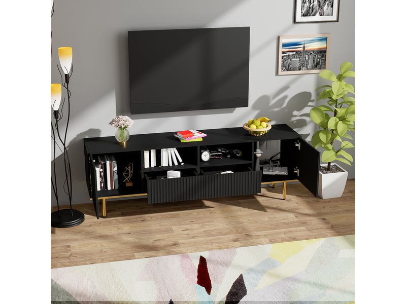  Meuble tv moderne avec pieds dorés et bordure dorée, ouverture sans poignée, noir et or  - Conforama D