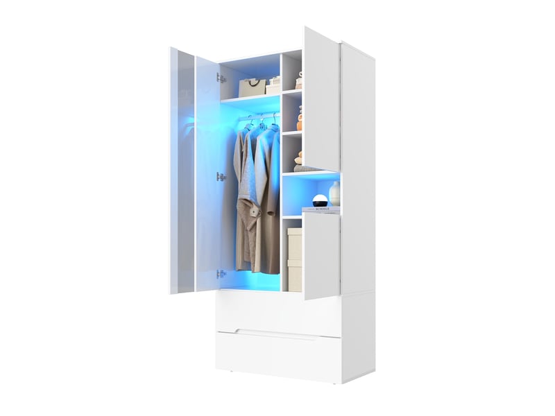  Armoire 3 portes avec led, 90 x 50 x 200 cm, penderie, 2 tiroirs, blanche  - Conforama A