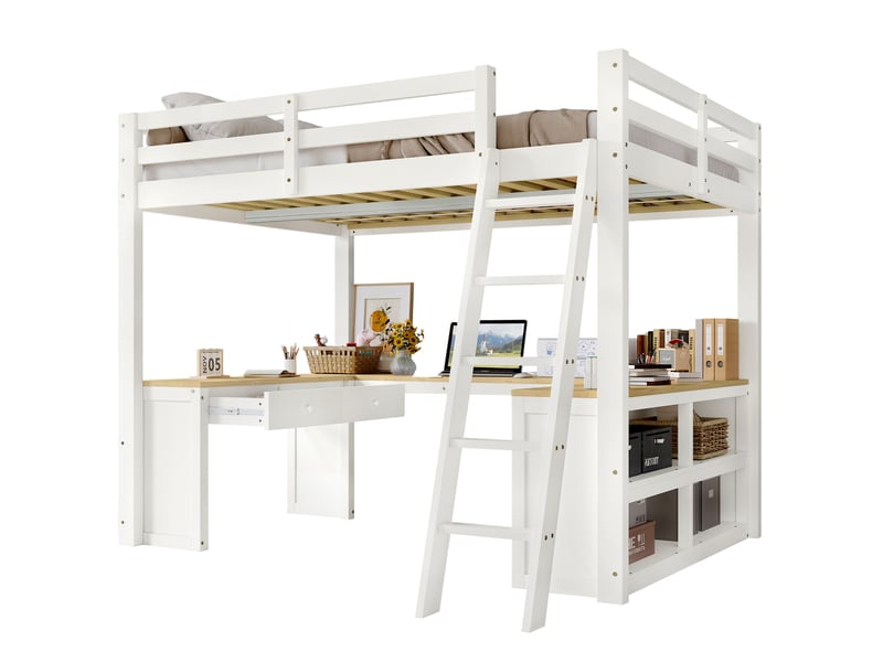  Lit mezzanine enfant 140x200 cm avec bureau en u, 2 tiroirs, rangement, bois, mdf, panneau de particules, blanc et naturel sans matelas  - Conforama A
