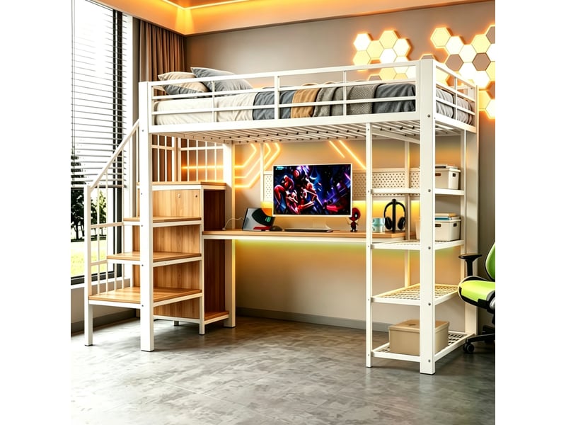 Lit mezzanine 90x200 cm, lit enfant, bureau, panneau perforé, barrière antichute, led, bois et métal blanc - Conforama R