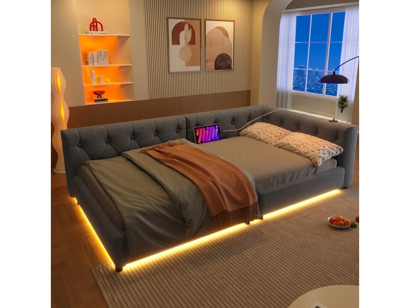  Lit banquette 90x200 cm avec led, usb et usb-c gris  - Conforama B