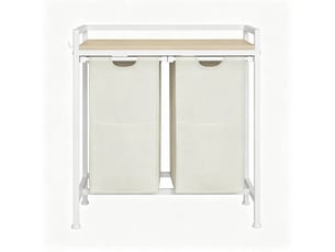 Panier à linge double avec étagère en bois clair et métal blanc, 2 compartiments amovibles de 40 l, rangement pratique