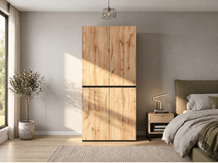 Armoire 4 portes battantes, 3 tiroirs dont 1 à bijoux, penderie et rangement haut, 90 × 50 × 200 cm, effet chêne et noir