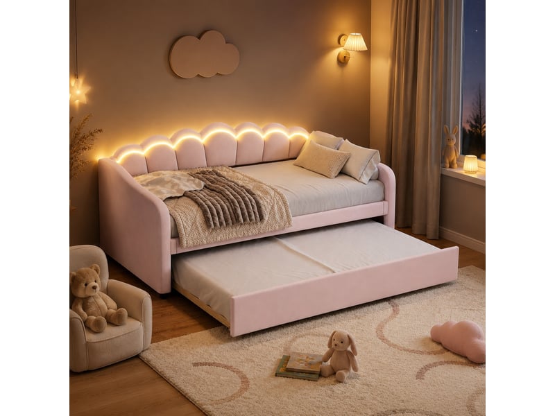  Lit gigogne 90x200 cm avec éclairage led, rose  - Conforama D