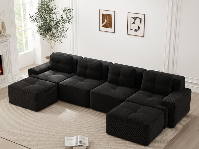  Canapé modulable en u 4 places avec méridienne en velours côtelé noir, sans montage  - Conforama B