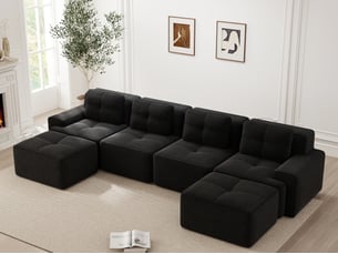 Canapé modulable en u 4 places avec méridienne en velours côtelé noir, sans montage