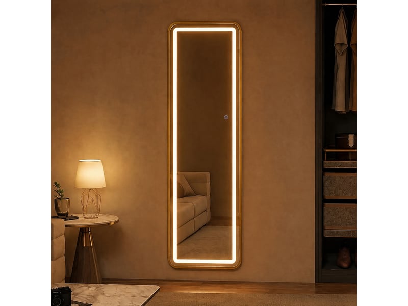  Miroir led pleine longueur 150x40 cm,miroir mural, éclairage 3 couleurs ,verre trempé, cadre aluminium doré  - Conforama D