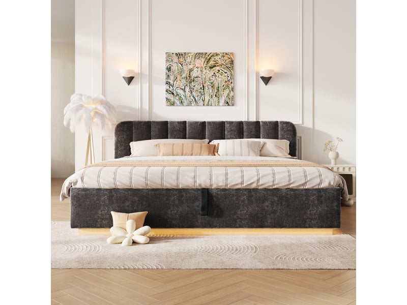  Lit coffre 180x200 cm anthracite, tissu chenille, sommier relevable hydraulique, led contrôlée par appli, sommier à lattes inclus  - Conforama W