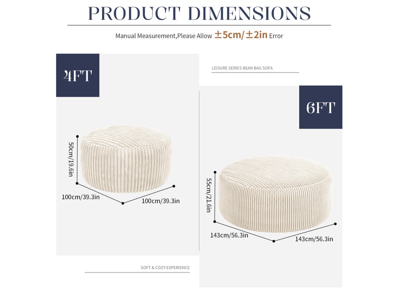 Fauteuil poire rond 143 cm en velours côtelé blanc, mousse à mémoire de forme, pour vos instants détente à la maison - Conforama C