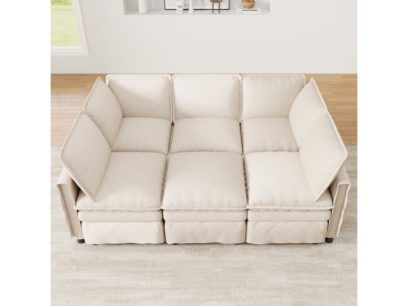  Canapé convertible modulable 6 places en chenille beige avec pouf mobile  - Conforama C