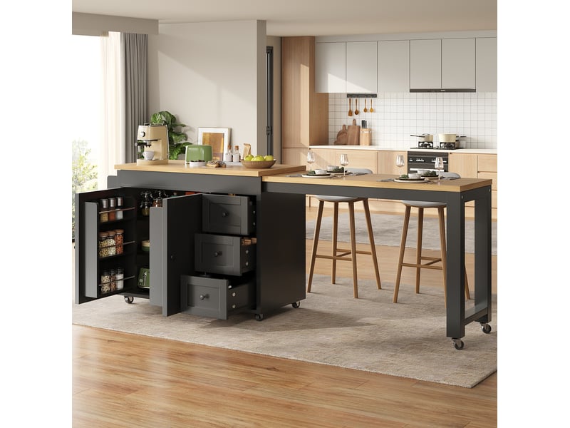 Île de cuisine modulable extensible 116–179,5 cm, planche extensible jusqu’à 69,5 cm, avec 3 tiroirs, étagères latérales et roulettes, blancnoir  - Conforama B
