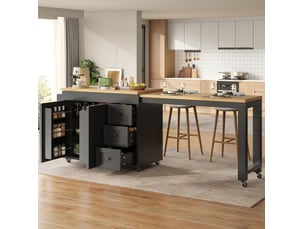 Île de cuisine modulable extensible 116–179,5 cm, planche extensible jusqu’à 69,5 cm, avec 3 tiroirs, étagères latérales et roulettes, blancnoir
