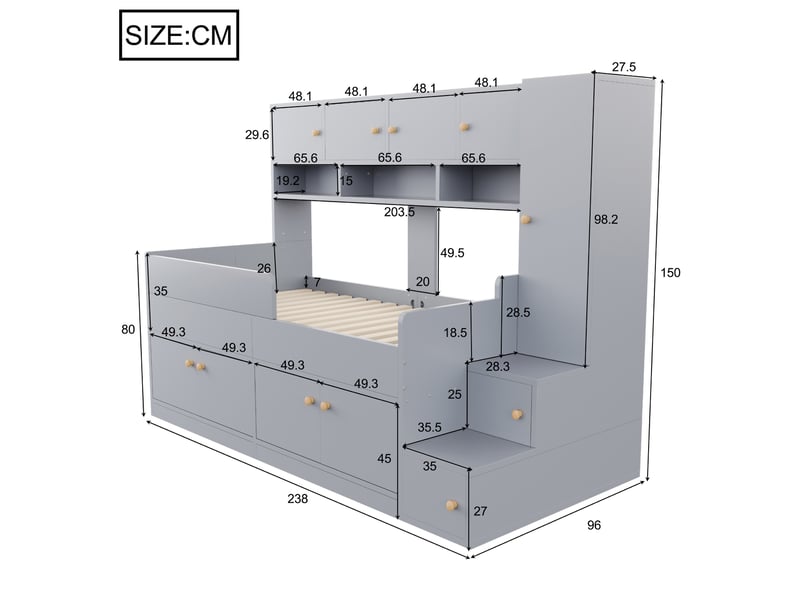Lit mezzanine enfant 90x200 cm en panneaux de particules, mdf et panneaux multiplis avec rangement et led gris chicfurn - Conforama C