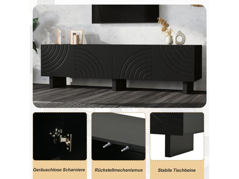  Meuble tv noir 180 cm avec quatre portes texturées, meuble bas de salon pour téléviseur jusqu'à 75 pouces, rangement fermé  - Conforama W
