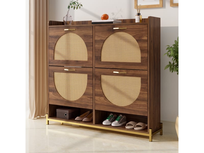  Meuble à chaussures 108,5 x 24 x 100 cm mdf noyer, 4 rabats effet rotin,pieds fer GL Store - Conforama B
