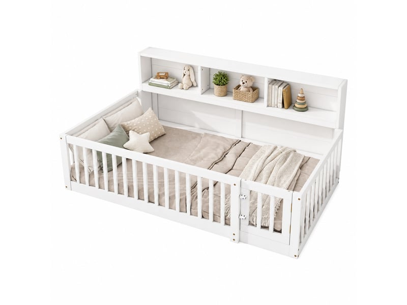  Lit banquette tcqpz 90 x 200 cm avec rangement latéral et sommier à lattes sans matelas bois de pin médium blanc  - Conforama A