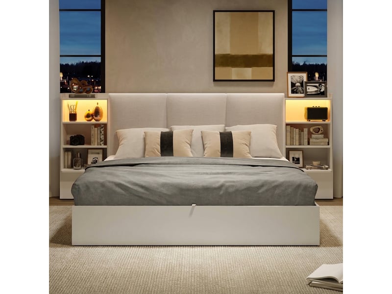 Lit coffre 180x200 avec rangement hydraulique, tête de lit capitonnée et éclairage led, blanc - Conforama D