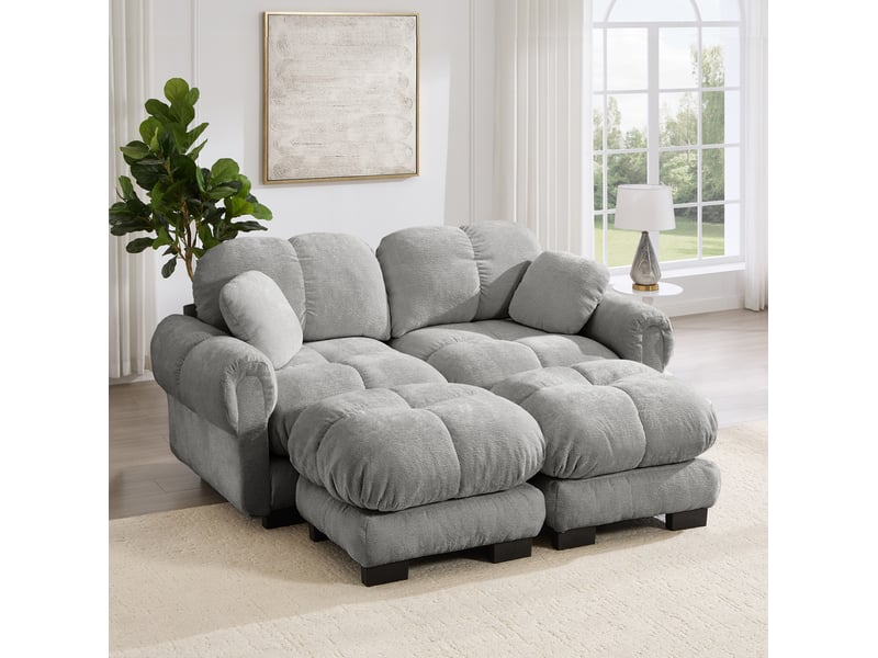  Canapé modulable 2 places en tissu gris clair avec ottomane mobile, design matelassé pour le salon  - Conforama E