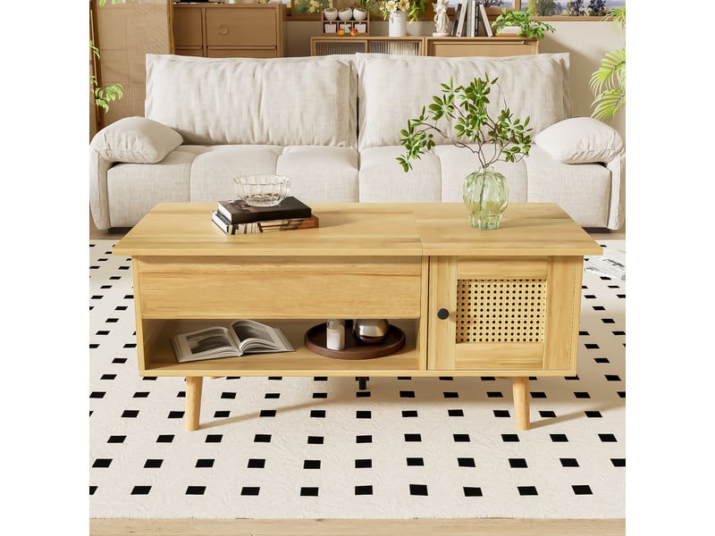  Table basse 103x50x46 cm, plateau relevable, grand rangement, portes effet rotin, design moderne pour salon et séjour - bois  - Conforama B