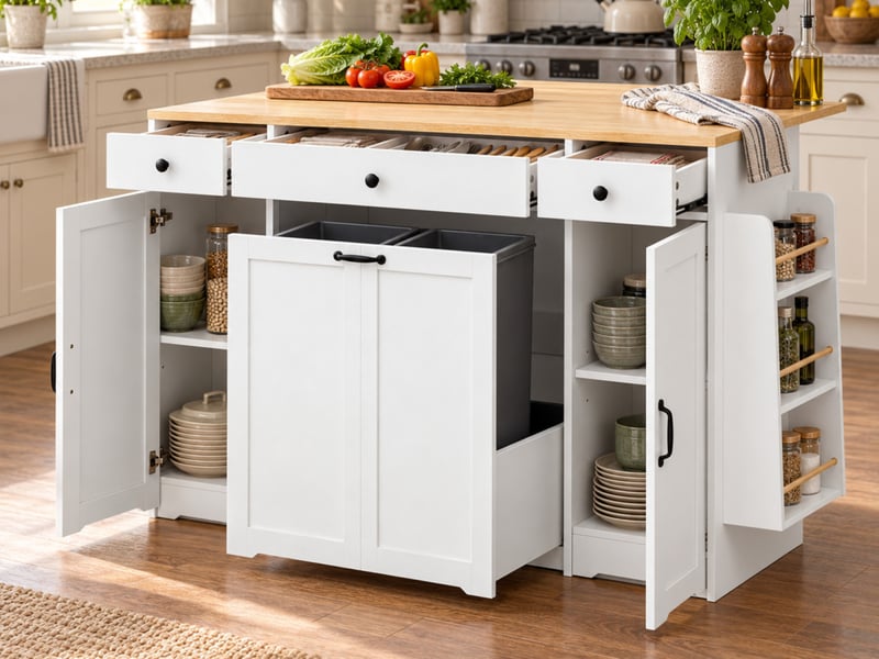  Buffet de cuisine 136 x 65 x 90 cm, plateau effet bois, 3 tiroirs, 2 portes et rangements, blanc et naturel, en mdf  - Conforama B