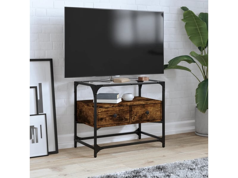  Meuble tv - banc tv - meuble de rangement avec dessus en verre chêne fumé bois d'ingénierie  - Conforama B