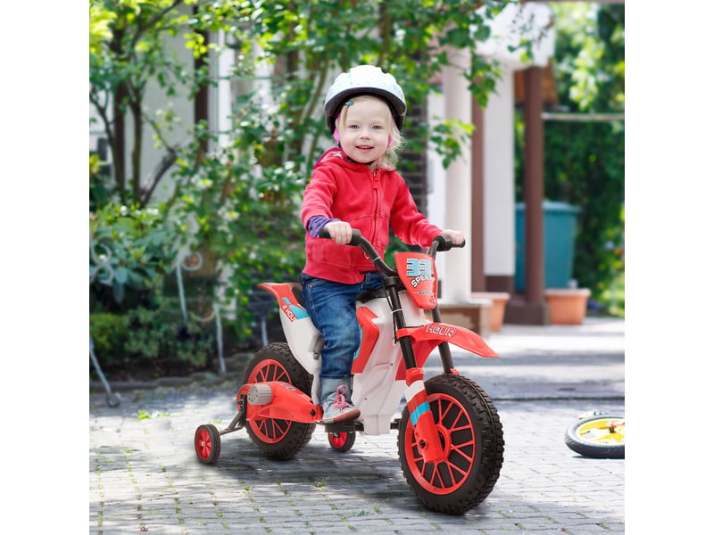 Moto cross électrique enfant 3 à 5 ans 12 v 3-8 kmh avec roulettes latérales amovibles dim. 106,5l x 51,5l x 68h cm rouge - Conforama D