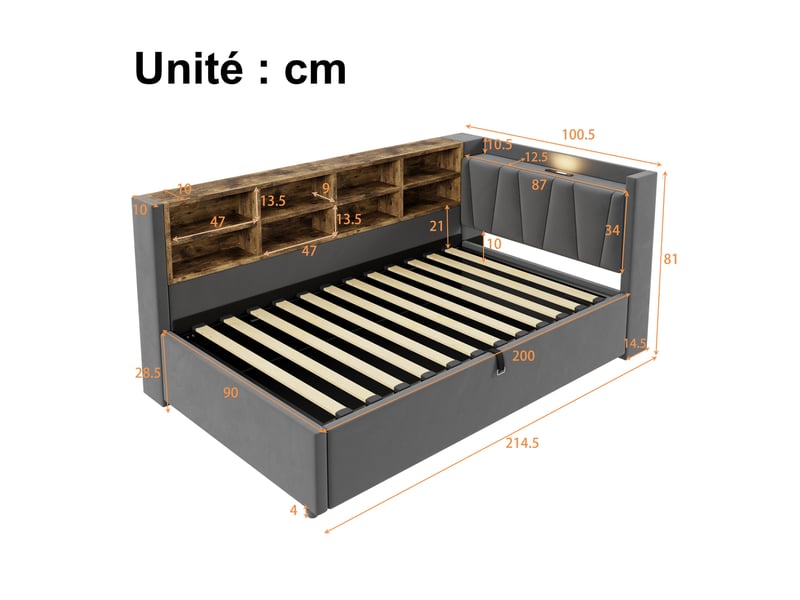  Lit banquette 1 place 90x200 cm en velours avec coffre hydraulique, usb, éclairage et rangements, matelas non précisé  - Conforama D