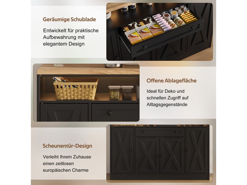  Buffet bas 140x35x95 cm noir avec led rgb, 4 portes style grange, tiroir, étagères de rangement, meuble cuisine salle à manger moderne  - Conforama E