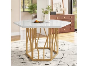 Table à manger hexagonale 115,5x100 cm plateau en mdf motif marbre métal doré et blanc