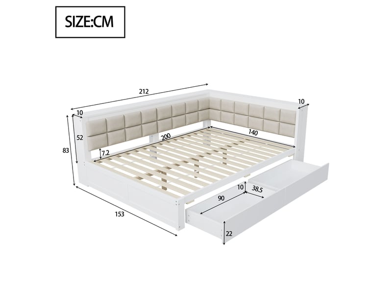  Lit enfant 140x200 cm, canapé-lit avec dossier, 2 tiroirs, rangement et sommier, pin, blanc, sans matelas  - Conforama C