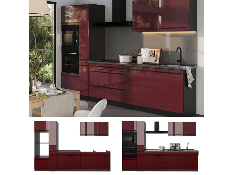 Vicco cuisine, rouge brillantanthracite, 310cm plan de travail chêne doré - Conforama D