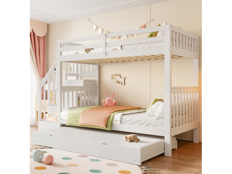  Lit superposé 90x200 cm, escalier avec rangements et lit gigogne, en bois, blanc  - Conforama B