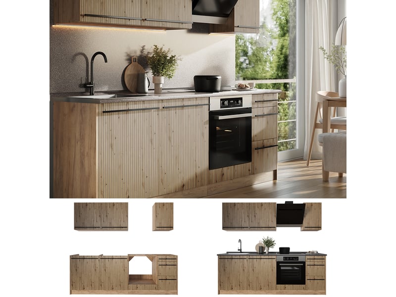  Vicco cuisine, chêne artisanchêne doré, 220cm plan de travail anthracite  - Conforama D