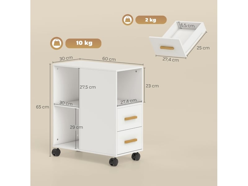 Caisson mobile à roulettes avec 2 tiroirs, 3 niches et étagère réglable pour bureau en bois blanc 60 × 30 × 65 cm - Conforama C
