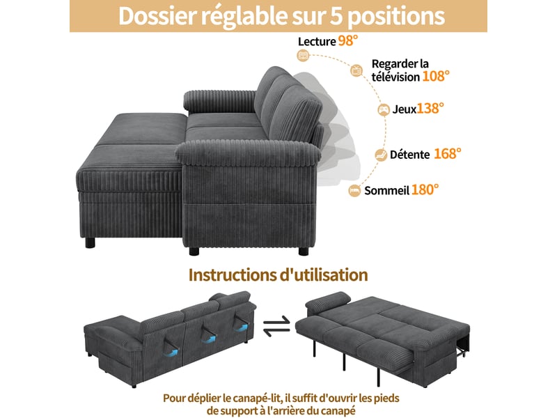 Canapé d'angle convertible 3 places 214 x 138,5 x 89 cm, couchage 214 x 177 cm, méridienne réversible avec coffre, usbtype-c, velours côtelé gris OMNIGLINT TRADING LTD - Conforama E